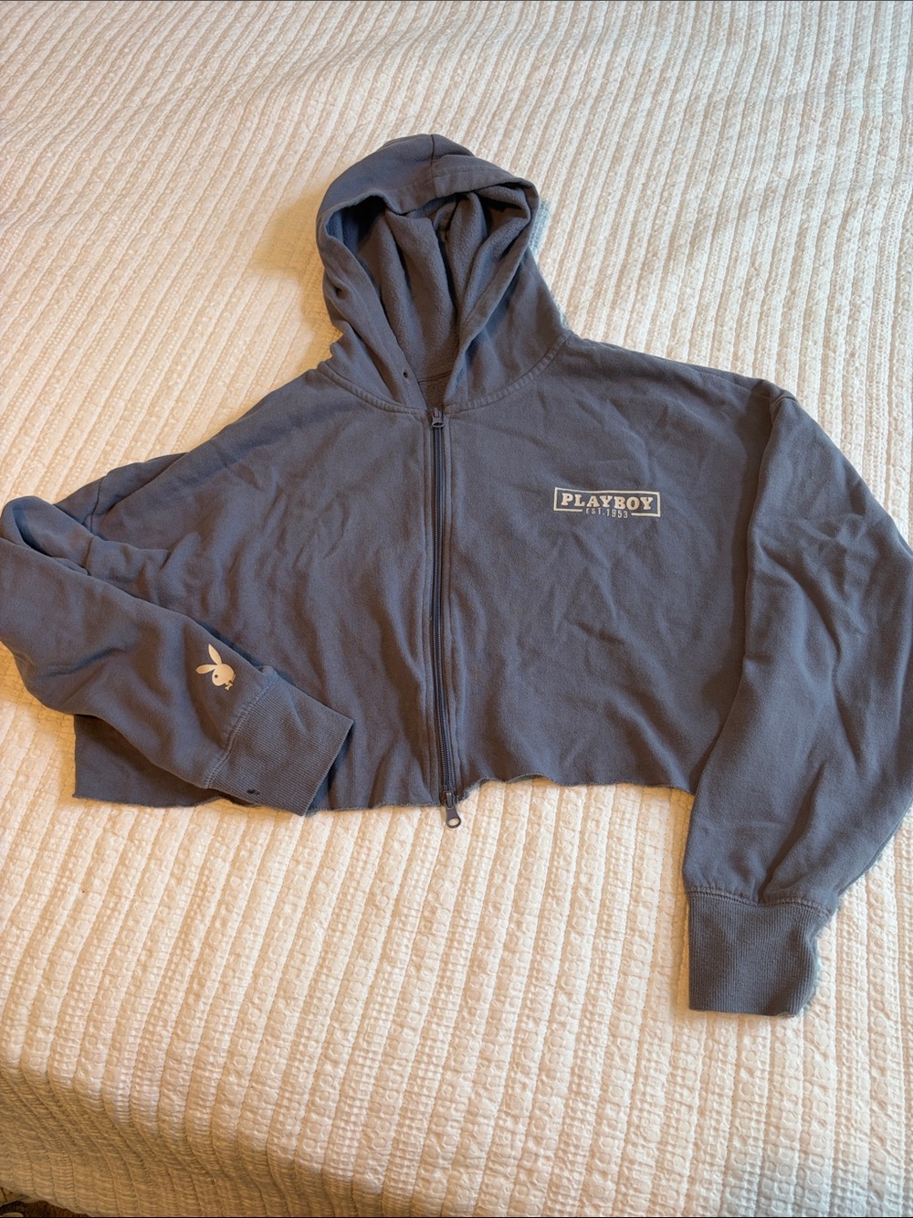 PLAYBOY Cropped Zip Hoodie in Charcoal Gray